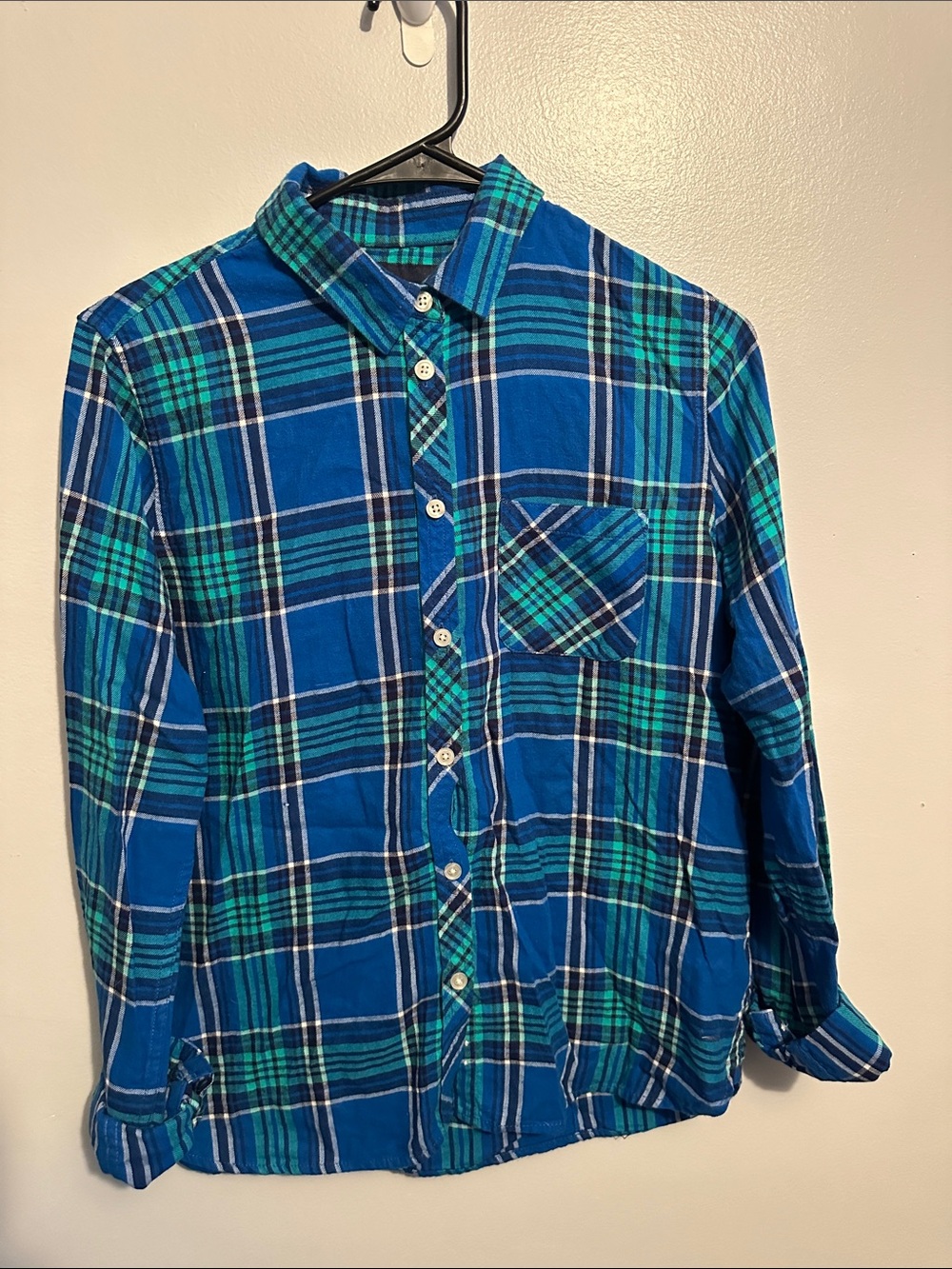 American Eagle Outfitters Plaid Flannel Button Down Shirt Blue Teal Medium